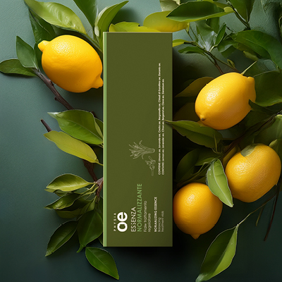immagine del prodotto fiala essenza ambientata su sfondo verde con intorno limoni